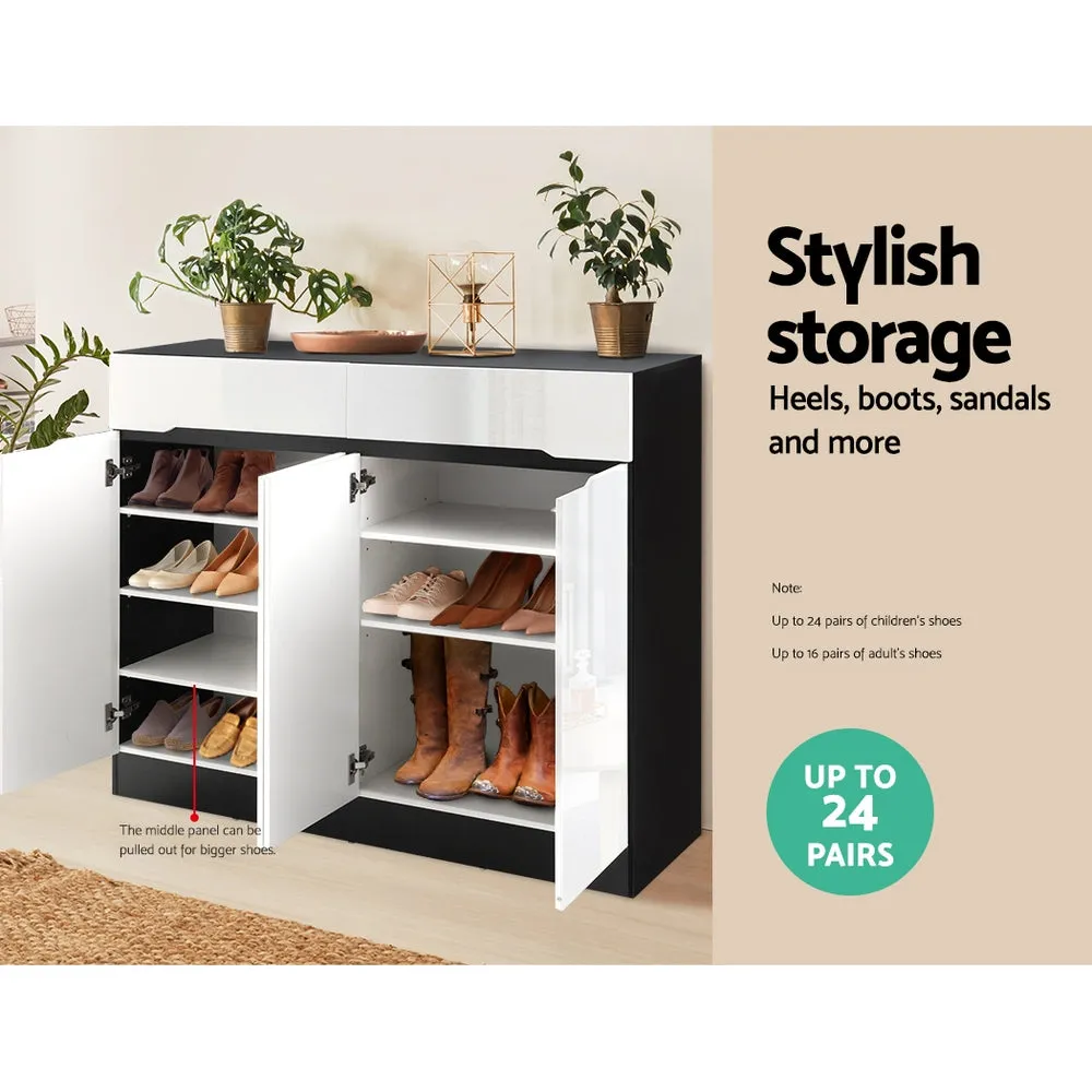 120cm High Gloss Cabinet Shoe Storage Rack Cupboard White Drawers - White & Black