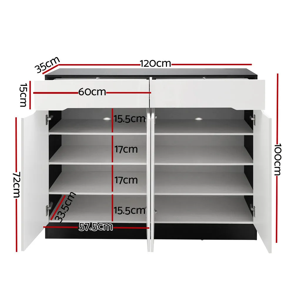 120cm High Gloss Cabinet Shoe Storage Rack Cupboard White Drawers - White & Black