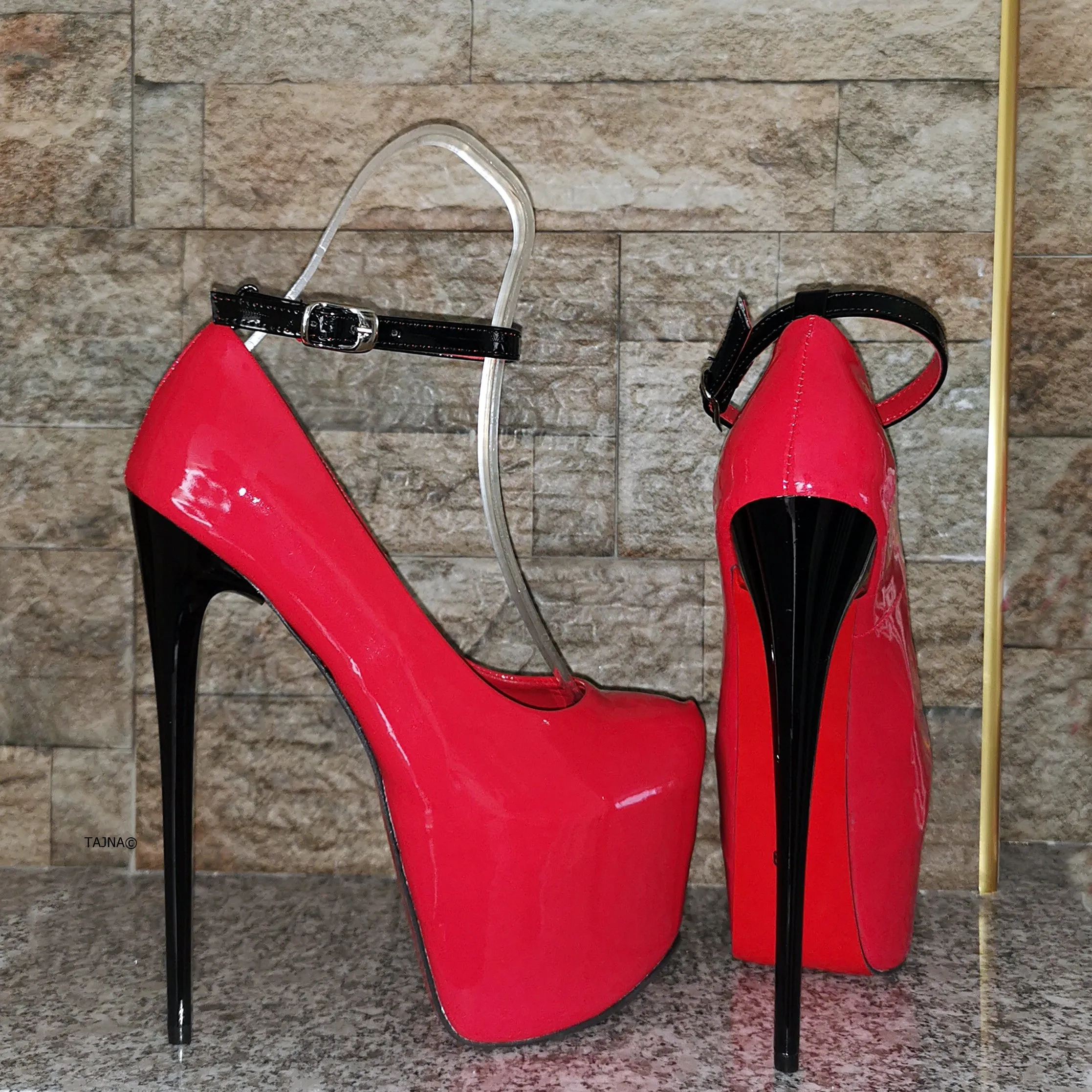 Ankle Strap Red Black Gloss High Heels