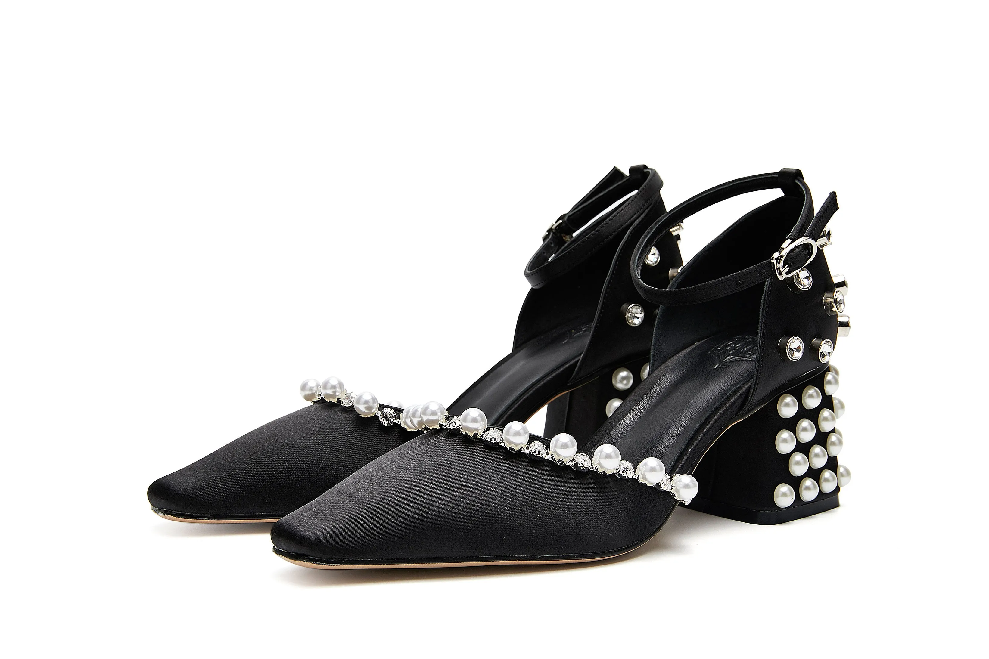 B-FEI Original Design Accent Pearl Rhinestone Single Shoes Middle Heel Retro Elegant Mary Jane Shoes- Elena