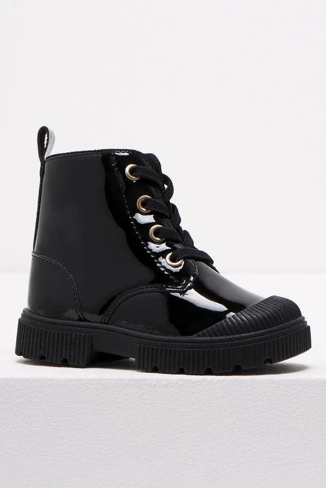 Basic Lace Up Patent Boot Black