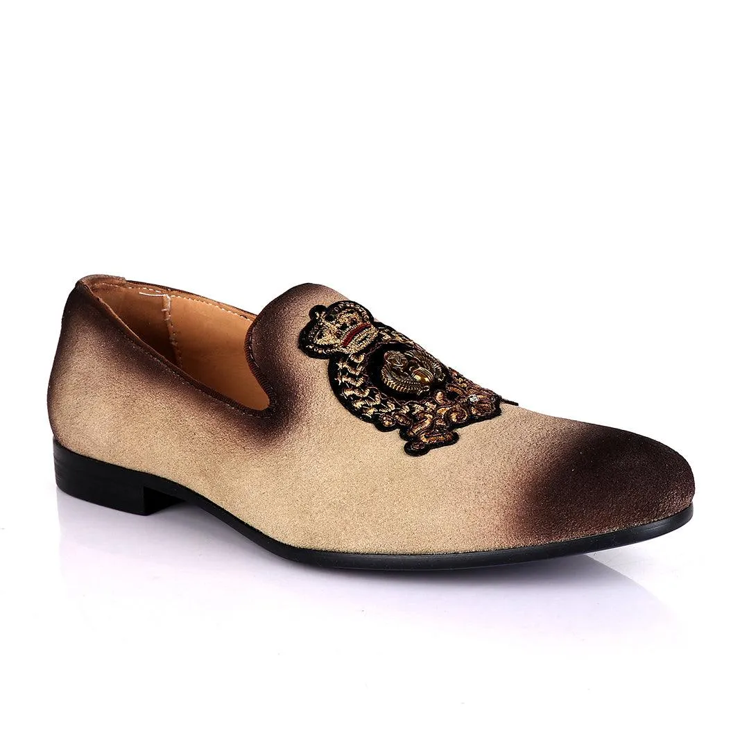 Billionaire Couture Men's Apricot  Suede Loafers Shoe with Crown Logo Embroidery