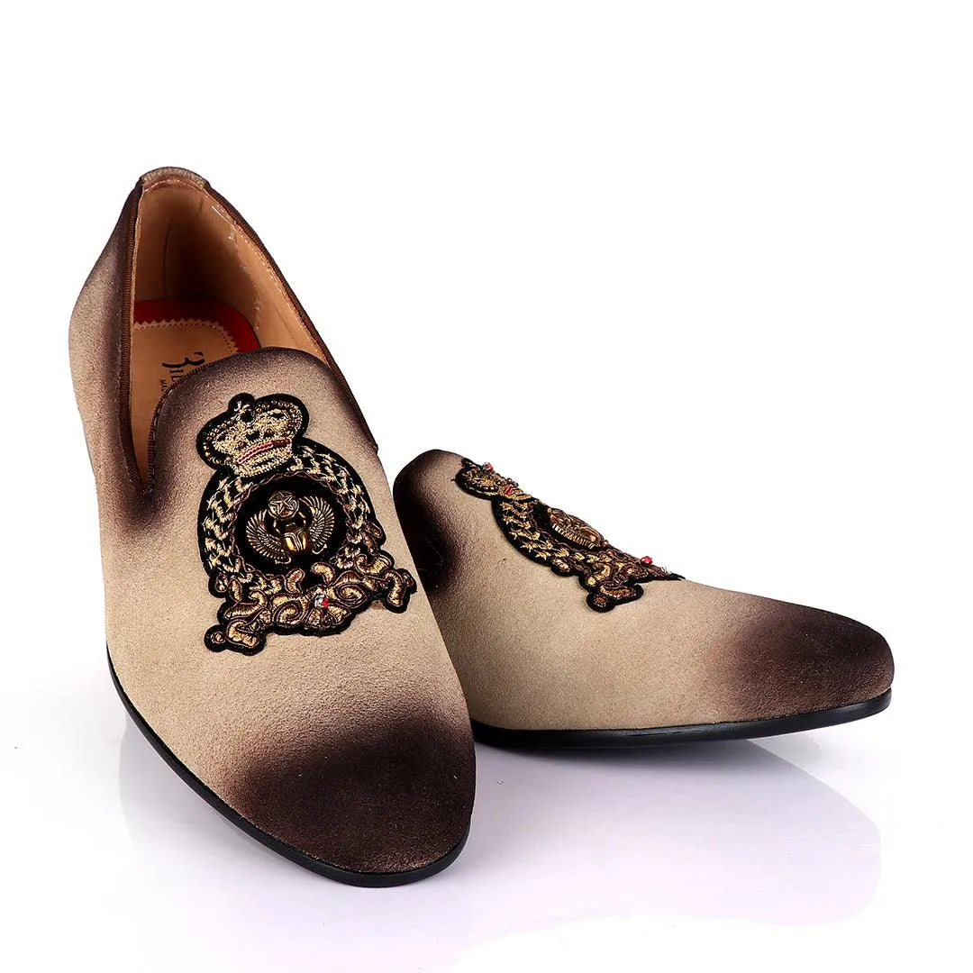 Billionaire Couture Men's Apricot  Suede Loafers Shoe with Crown Logo Embroidery