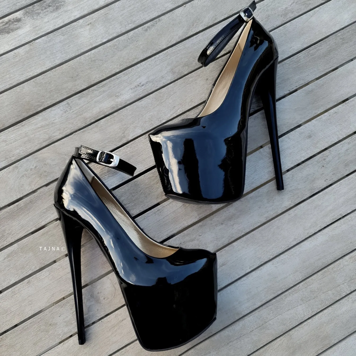 Black Gloss Ankle Strap Classic High Heel Platforms