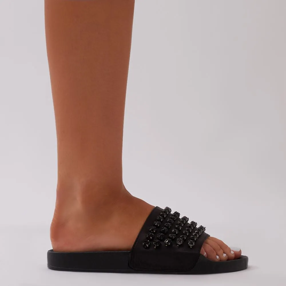 Bounce Black Diamante Sliders in Black