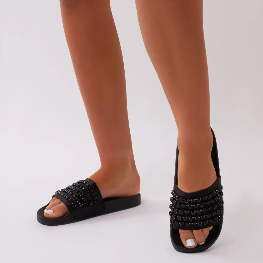 Bounce Black Diamante Sliders in Black