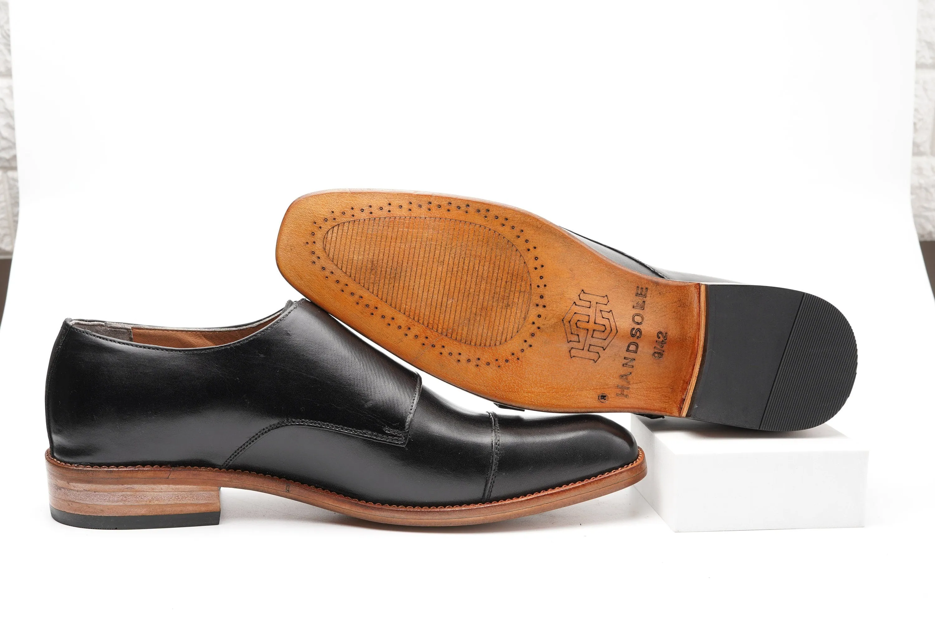 Cap Toe Derby Brogue leather  Shoes for men made using Hand woven black aniline