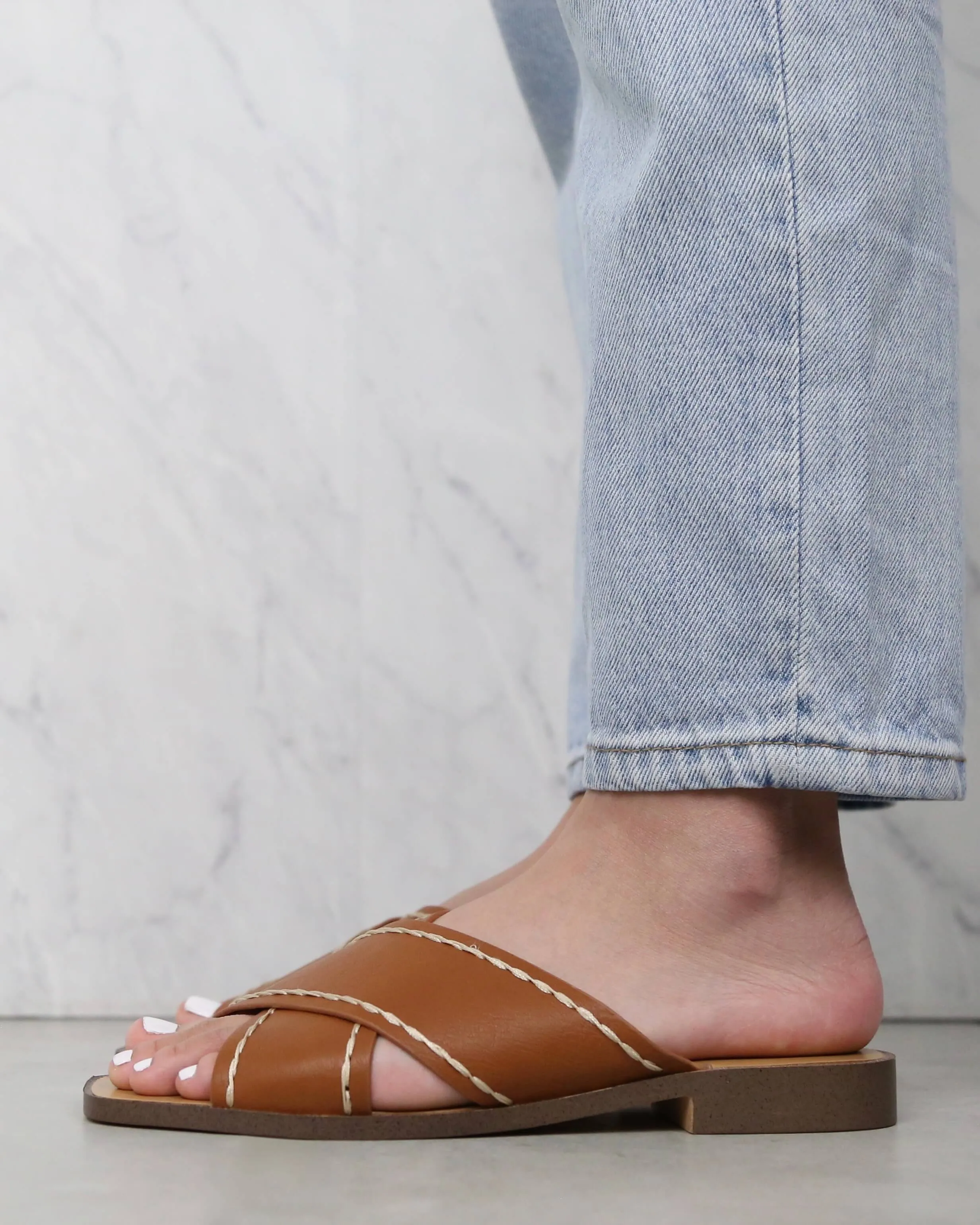 Chloe Criss Cross Square Toe Sandals in Brown