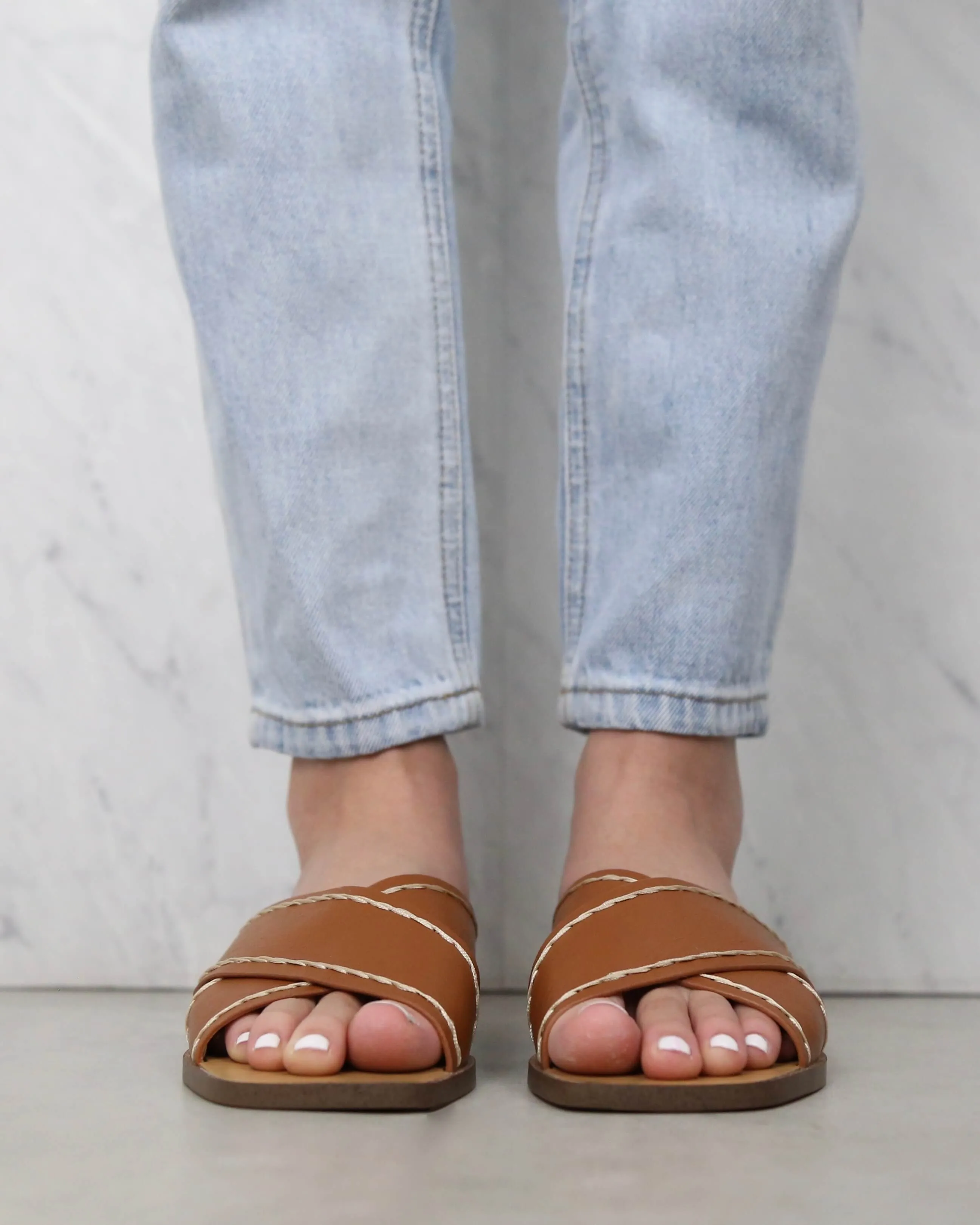 Chloe Criss Cross Square Toe Sandals in Brown