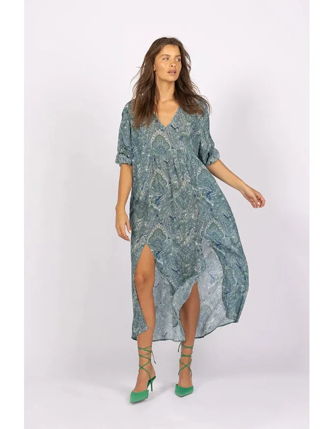 Damask Paisley Kaftan Dress Blue/Green