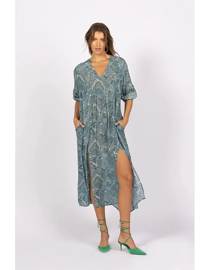 Damask Paisley Kaftan Dress Blue/Green