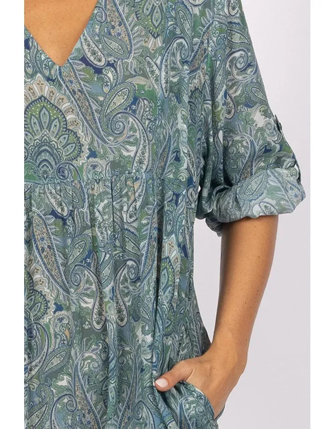 Damask Paisley Kaftan Dress Blue/Green