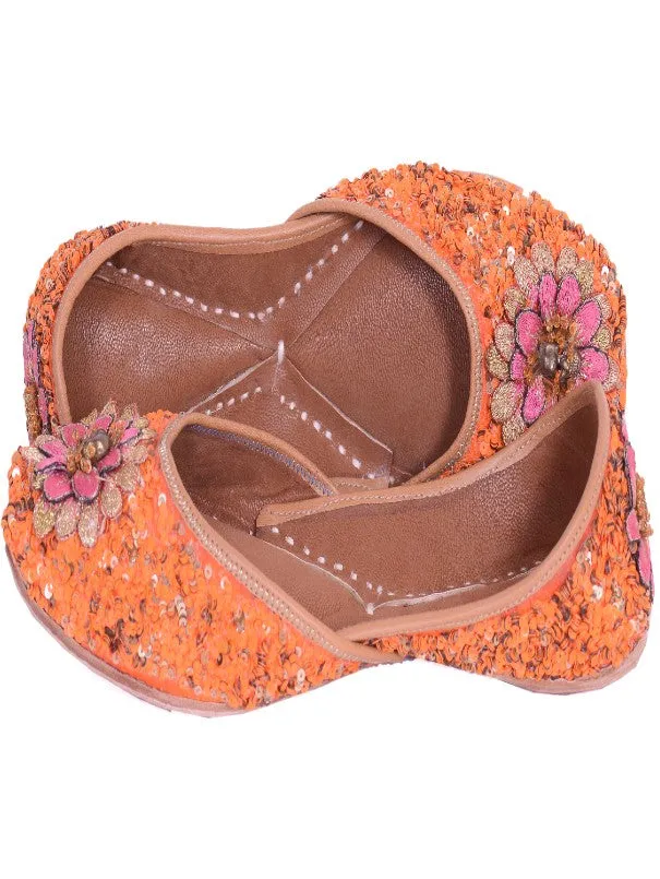 Delicate Floral - Orange Sequins Embellished Silk Juttis