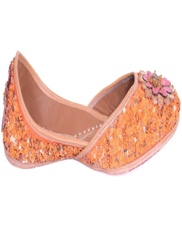 Delicate Floral - Orange Sequins Embellished Silk Juttis