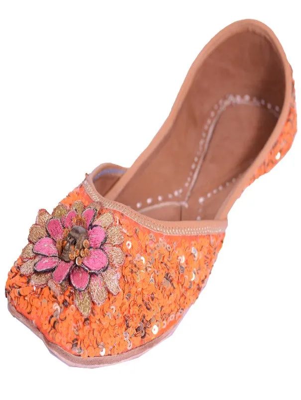 Delicate Floral - Orange Sequins Embellished Silk Juttis