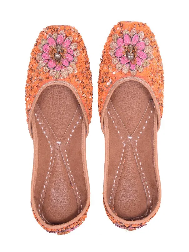 Delicate Floral - Orange Sequins Embellished Silk Juttis