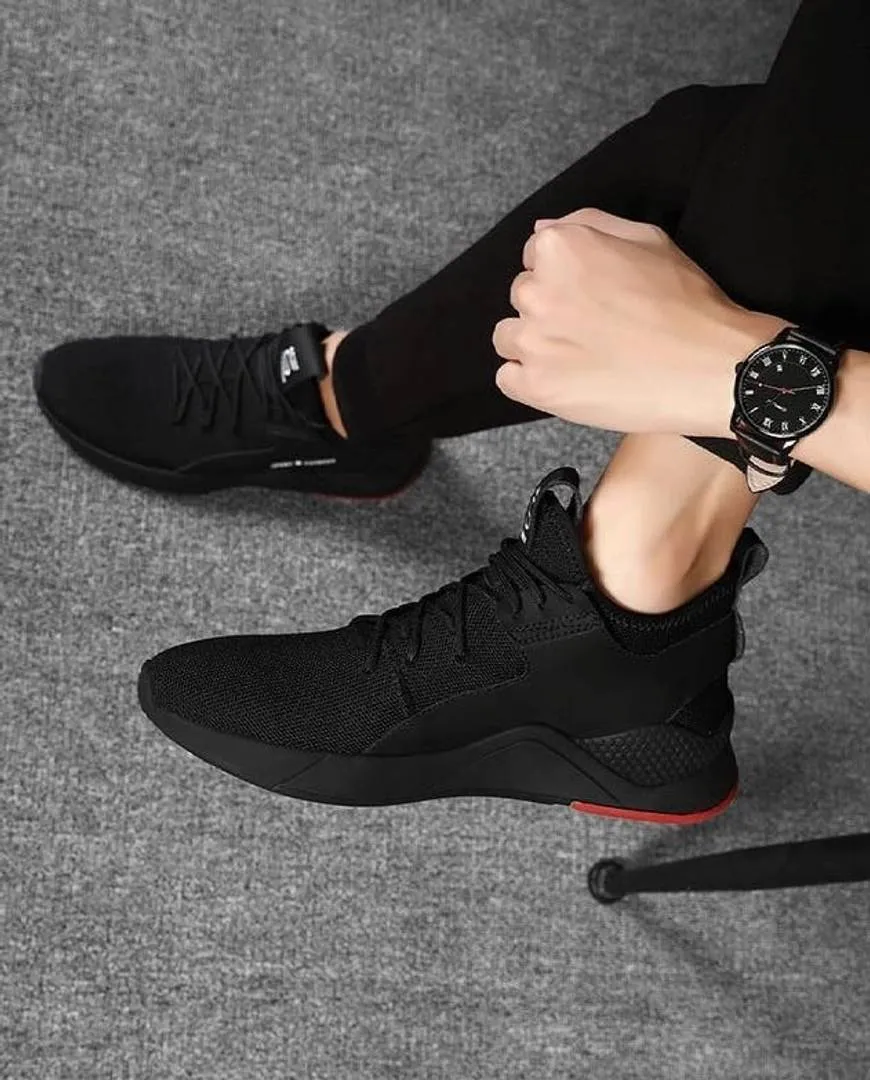 Elegant Black Mesh Solid Sneakers For Men