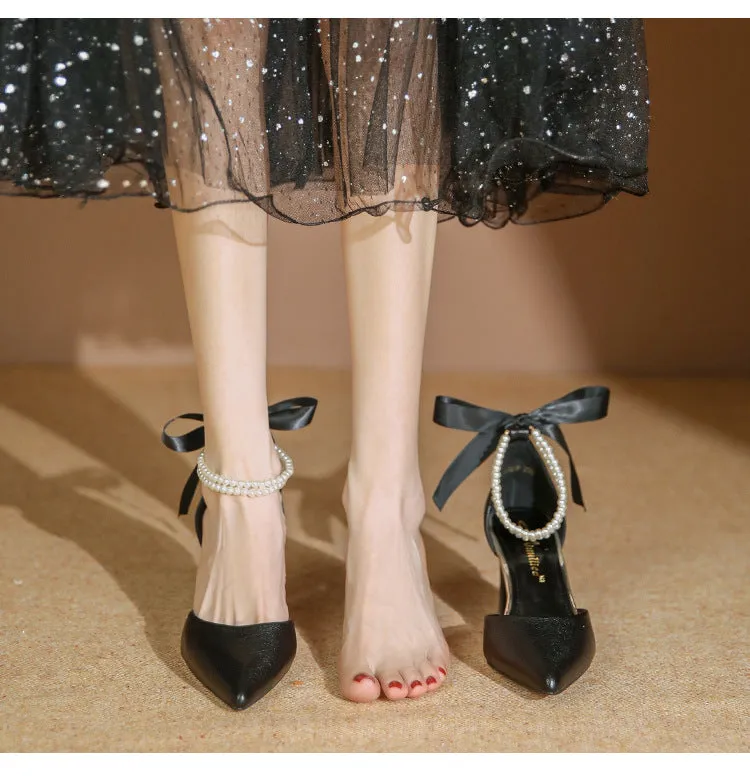 Fashion Pearl Ribbon Bow Heels