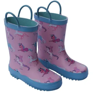 Girls Pink Unicorn Print Pull On Handle Rubber Rain Boots 11-3 Kids