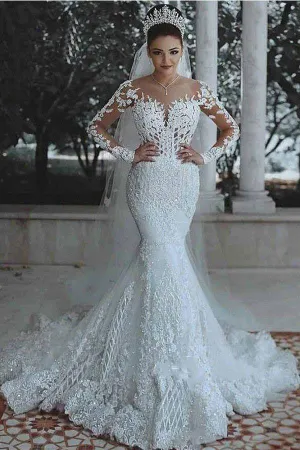 Glamorous Long Sleeves Wedding Dress Mermaid Lace Bridal Gowns UQW0021