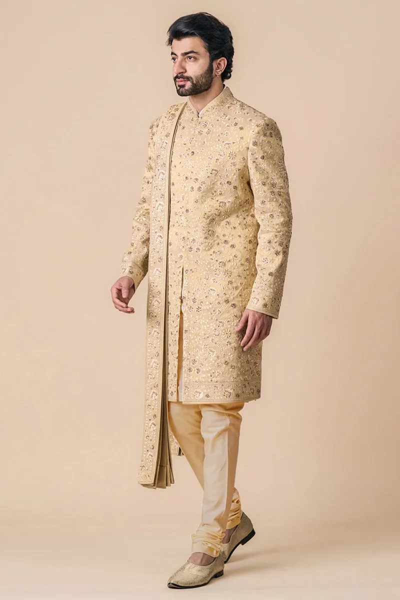 Gold All Over Embroidered Tissue Sherwani