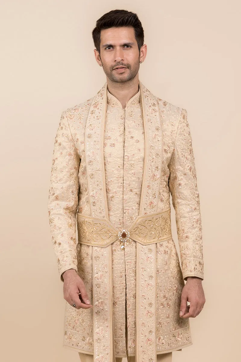 Gold All Over Embroidered Tissue Sherwani