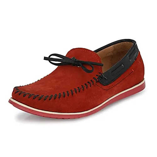 HITZ Men's Red Leather Moccasins Boat Shoes - 7