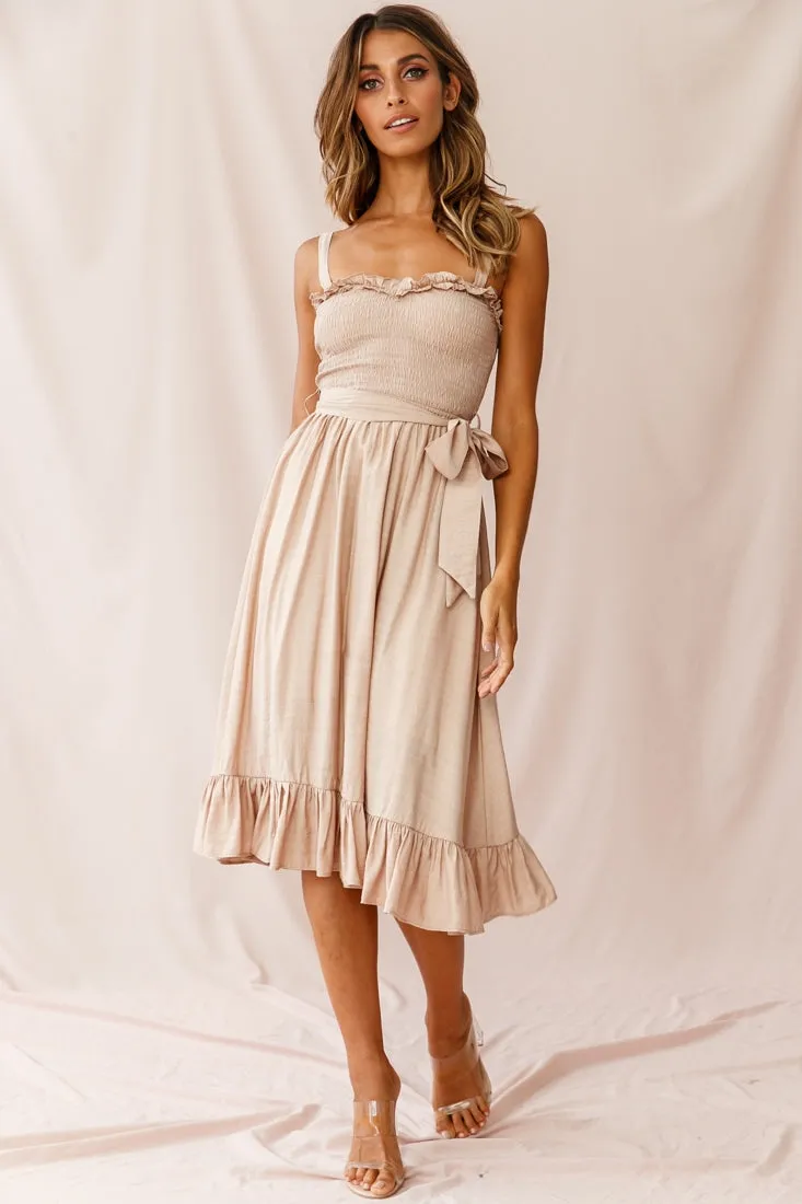 Honey Shirred Frill Midi Dress Mocha