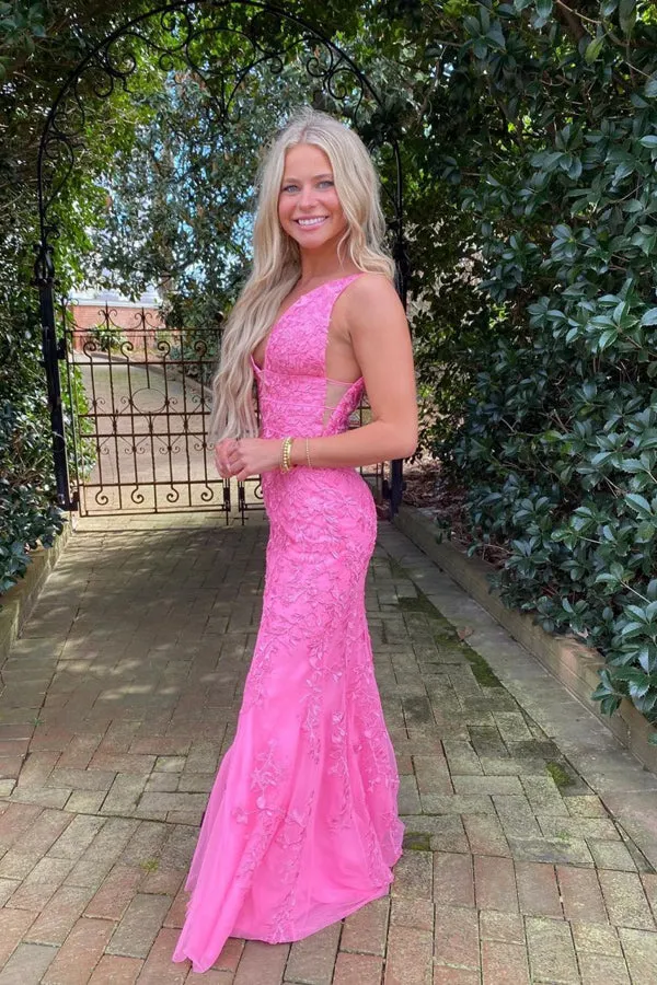 Hot Pink Mermaid Deep V-Neck Prom Dress With Appliques PSK457