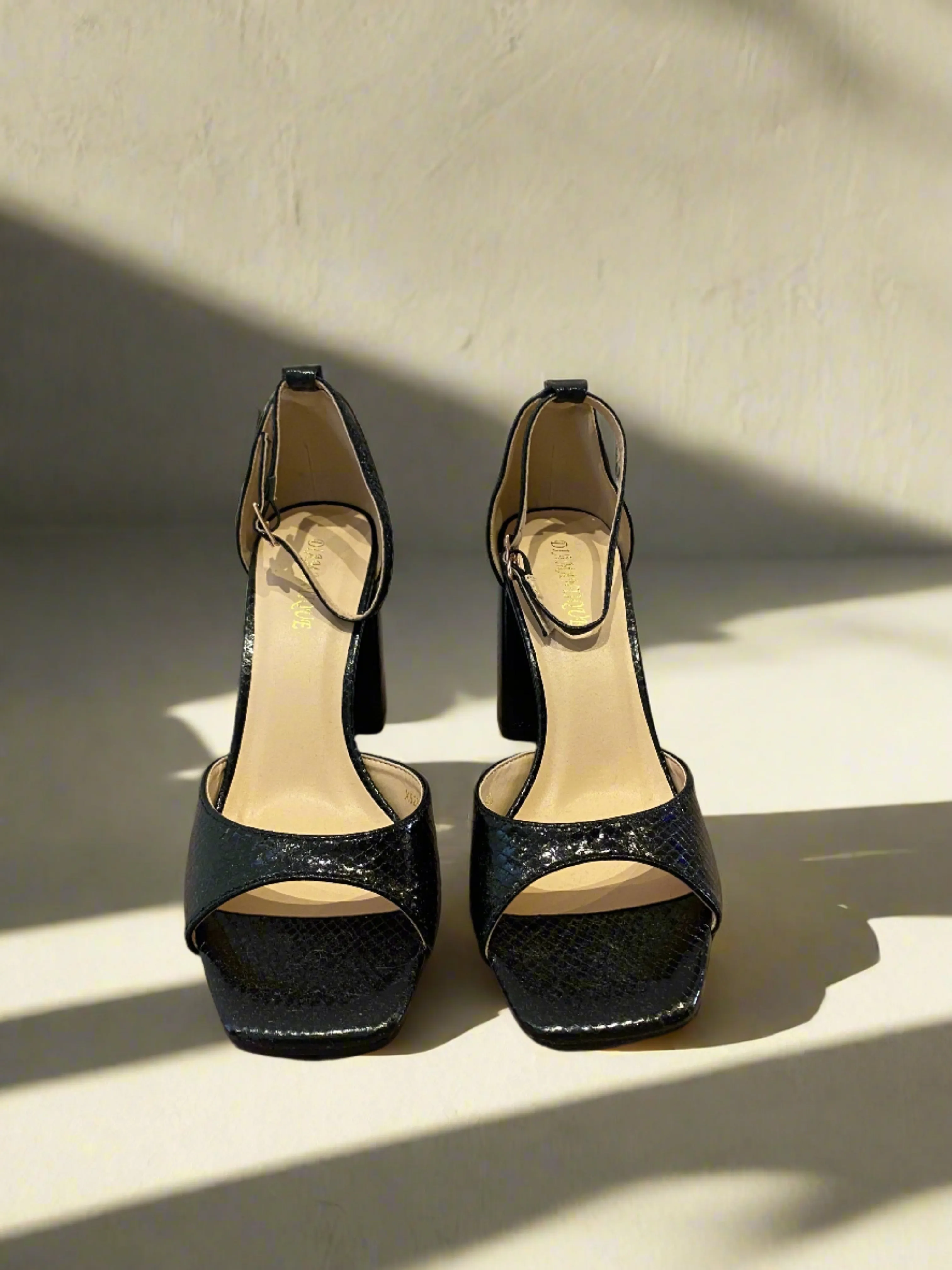 Inaya Shimmer Black Block Heels