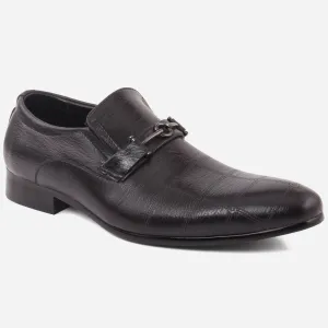 Men “NED” Round  Toe  Textured  Check Design Metallic Buckle Detail Slip On Leather Formal Shoes