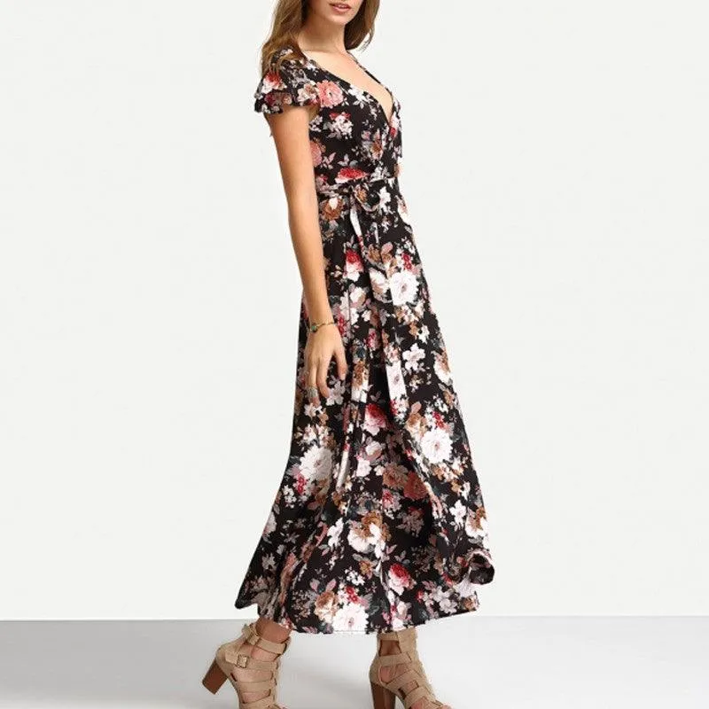 MIDNIGHT FLOWERS WRAP MAXI DRESS