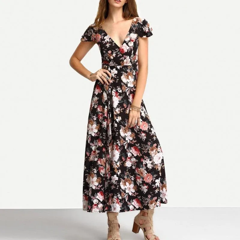 MIDNIGHT FLOWERS WRAP MAXI DRESS