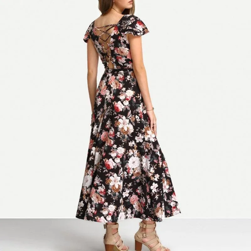 MIDNIGHT FLOWERS WRAP MAXI DRESS