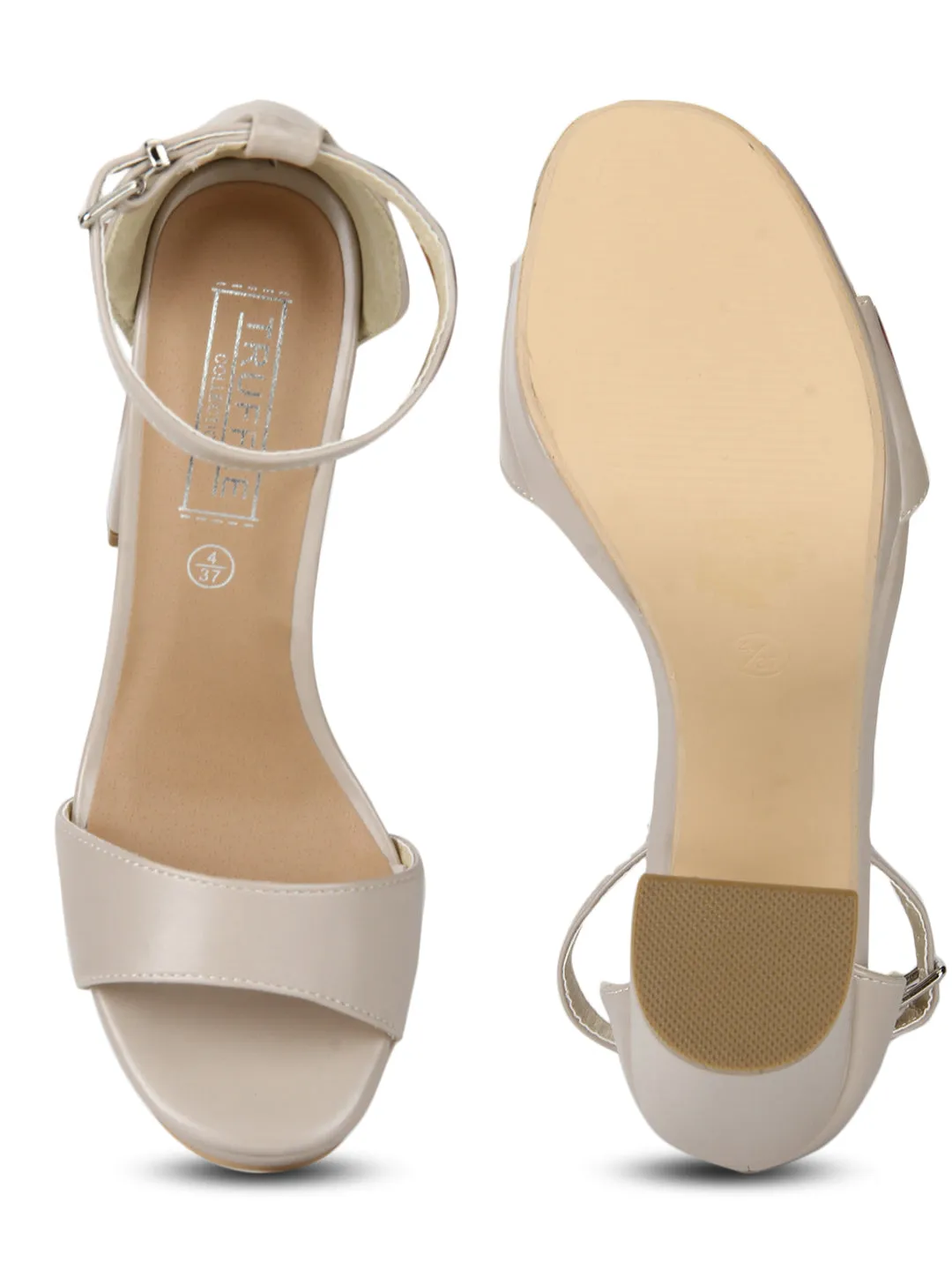 Nude PU Pumpped Ankle Strap Block Heels