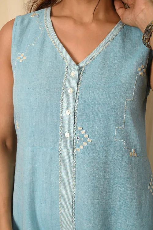 Rangsutra Baori Blue Hand Embroidered V Neck Sleeveless Dress