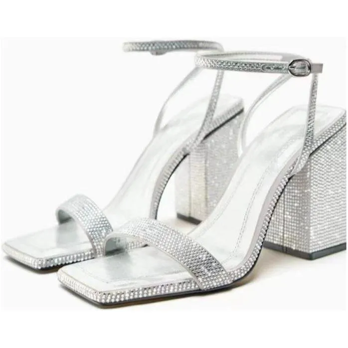 Shiny Diamante Block Heel Sandal