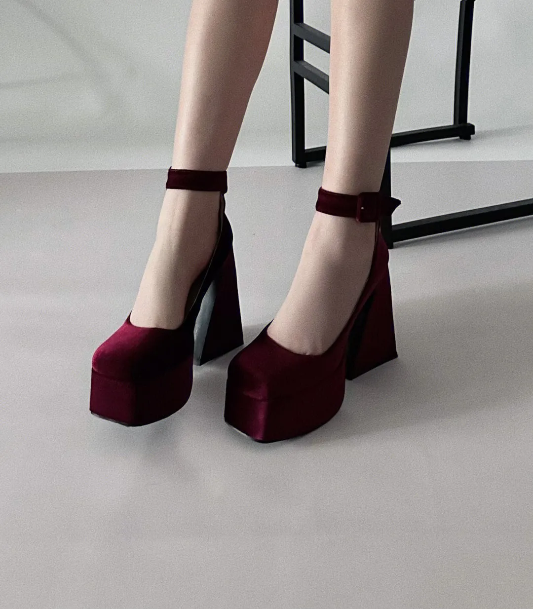 Solid Mary Jane High Heels, Ankle Strap Buckle Chunky High Heels, Platform Heels for Women, Square Toe High Heels, Cute Kawaii Velvet Shoes