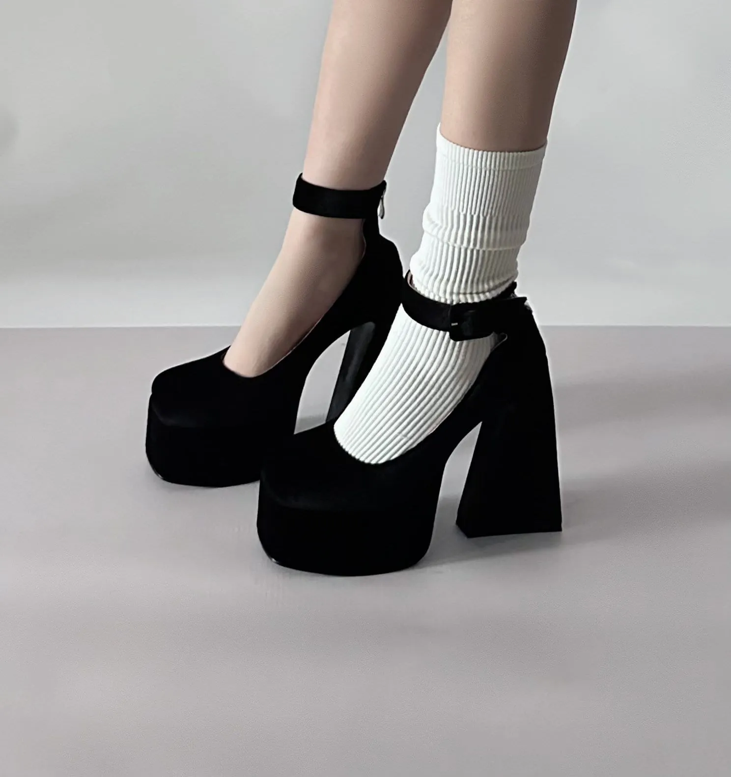 Solid Mary Jane High Heels, Ankle Strap Buckle Chunky High Heels, Platform Heels for Women, Square Toe High Heels, Cute Kawaii Velvet Shoes