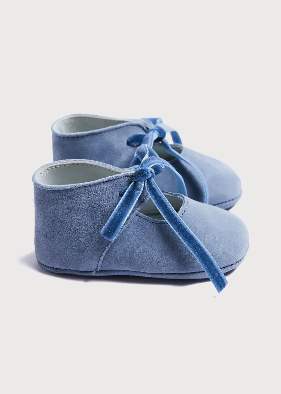 Suede Velvet Ribbon Pram Shoes in Blue (17-20EU)