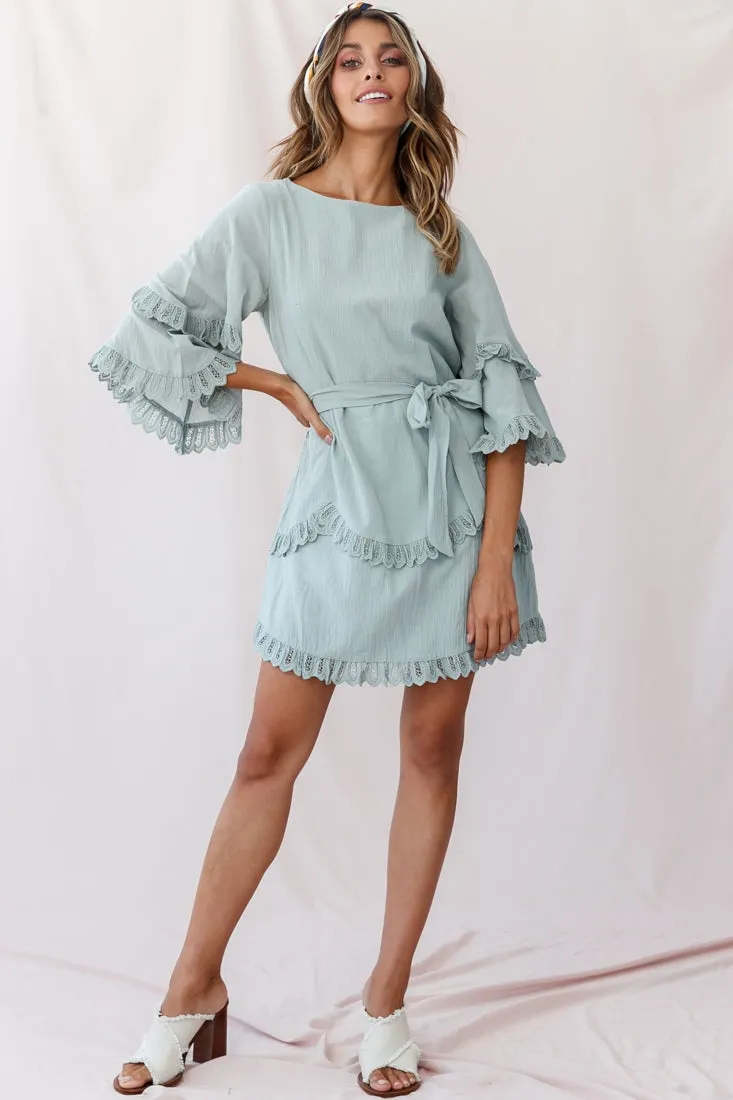 Talitha Waist Tie Lace Trim Dress Sage