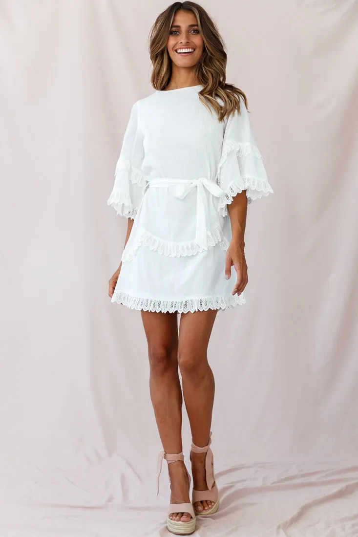 Talitha Waist Tie Lace Trim Dress White