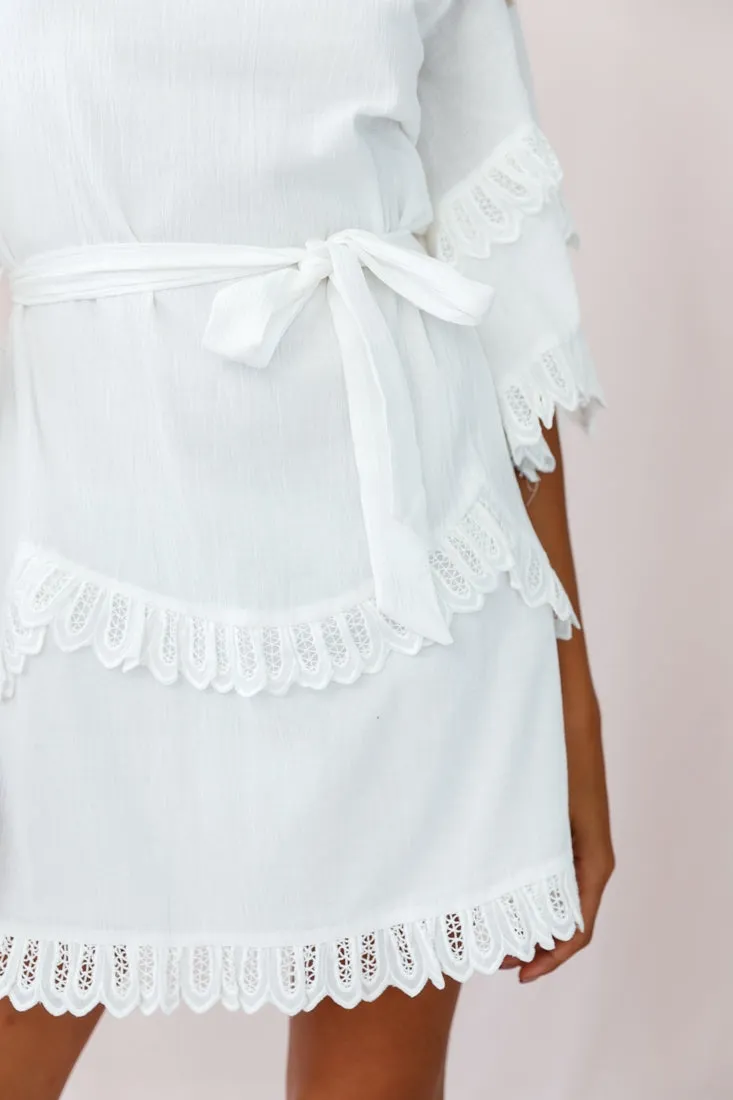 Talitha Waist Tie Lace Trim Dress White