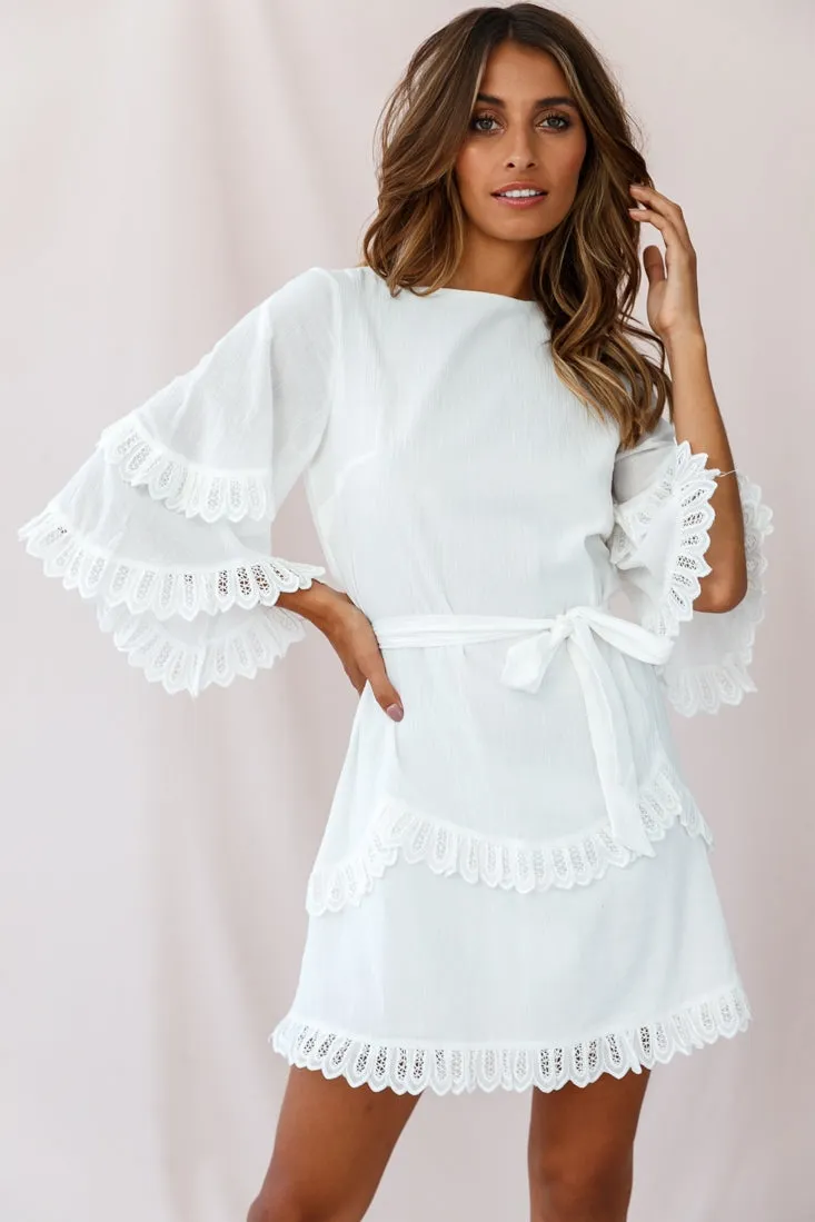 Talitha Waist Tie Lace Trim Dress White