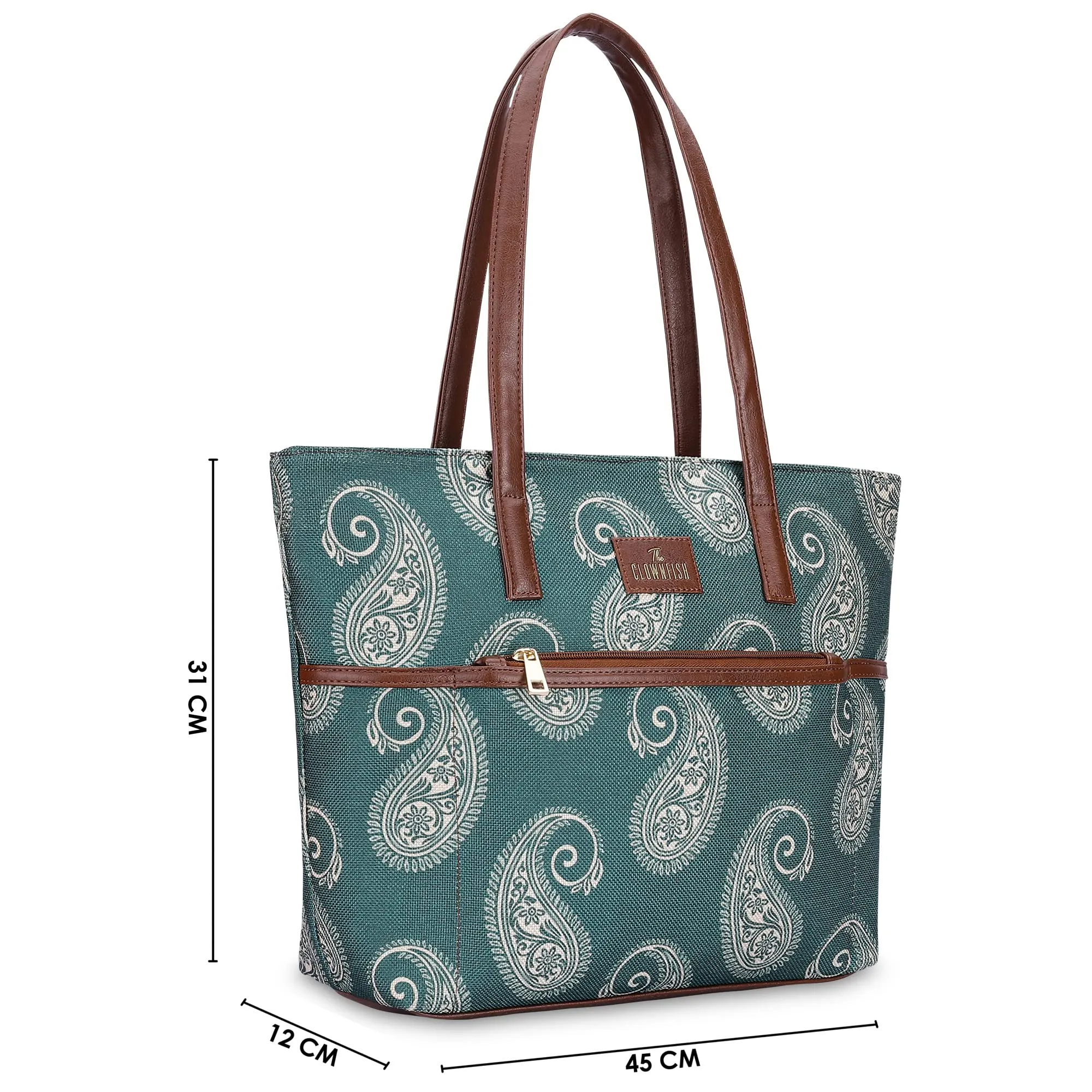 THE CLOWNFISH Concetta Printed Handicraft Fabric & Faux Leather Handbag for Women Office Bag Ladies Shoulder Bag Tote For Women College Girls (Fern Green)