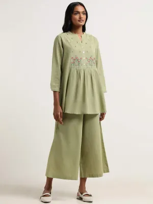 Utsa Green Floral Embroidered Cotton Tunic