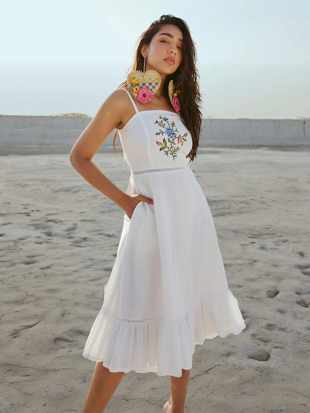 White Cotton Embroidered Fit & Flare Dress