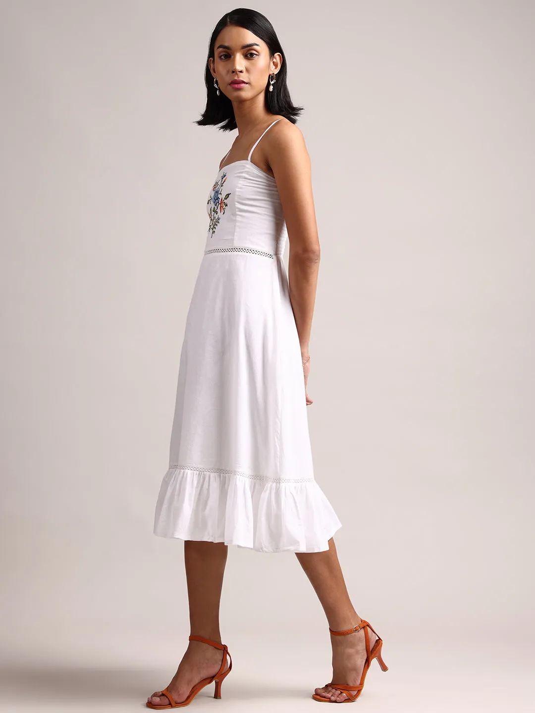 White Cotton Embroidered Fit & Flare Dress