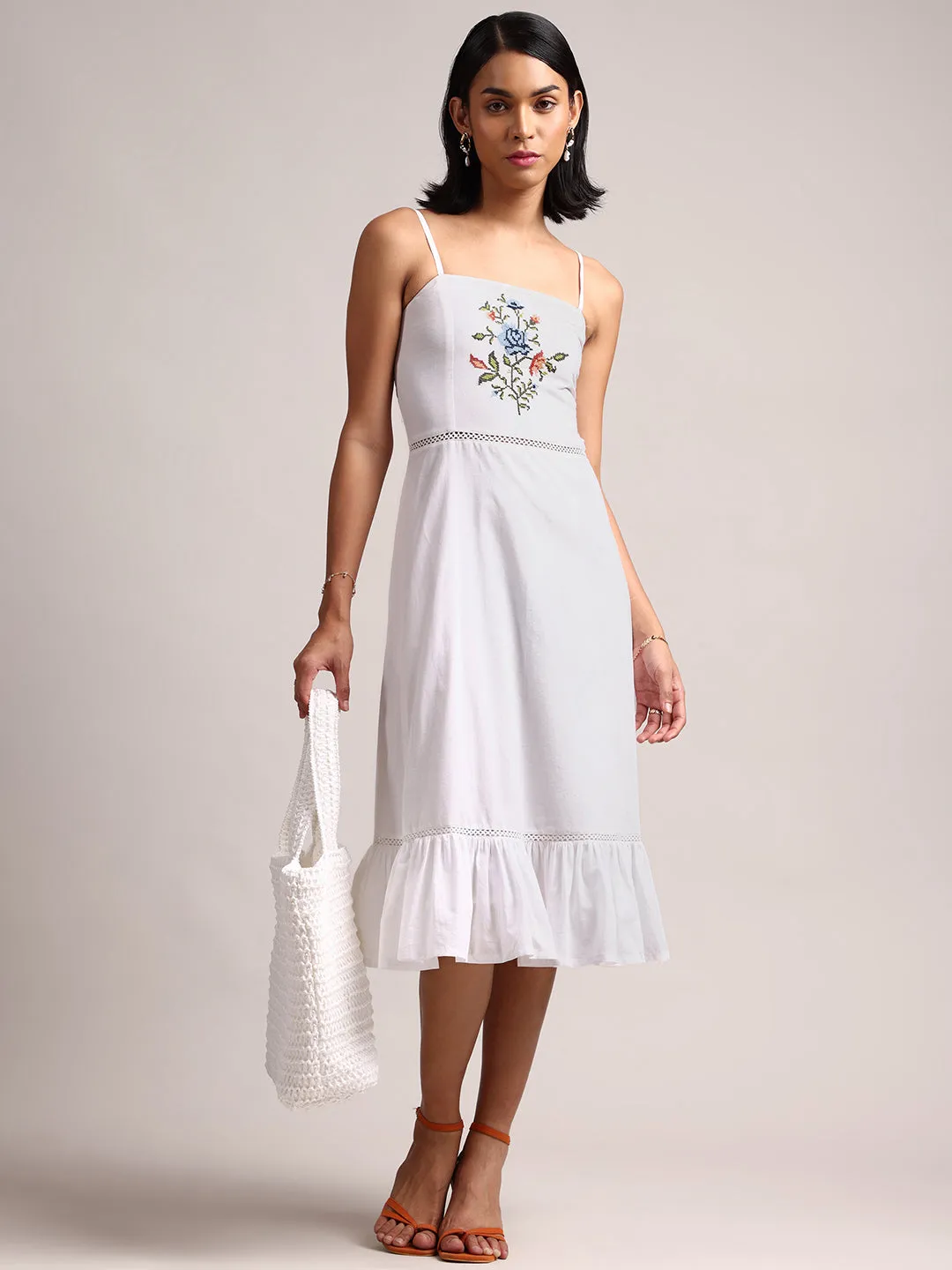 White Cotton Embroidered Fit & Flare Dress