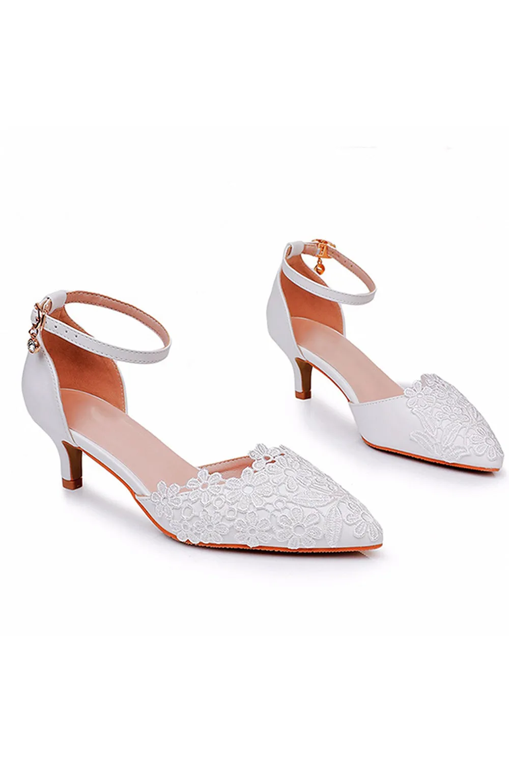 White Lace Embellished Stiletto Pointed Toe Sandals